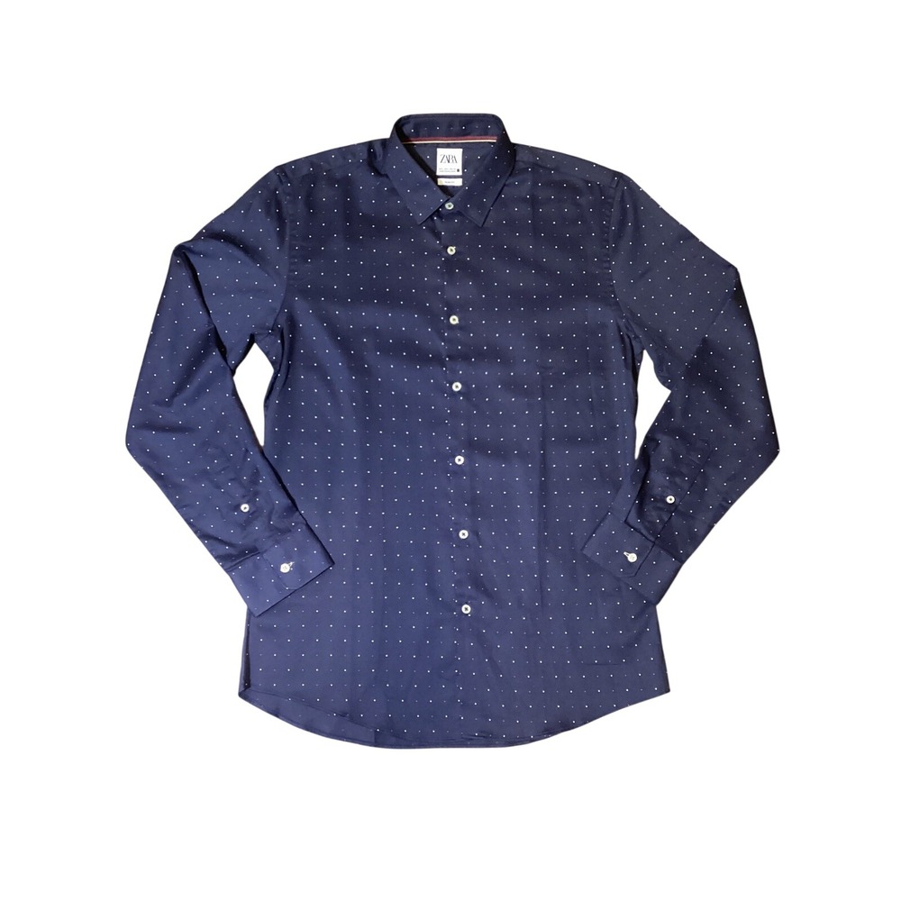 ZARA Men's Navy Blue Polka Dot Shirt Size L – Modern Slim Fit NWOT